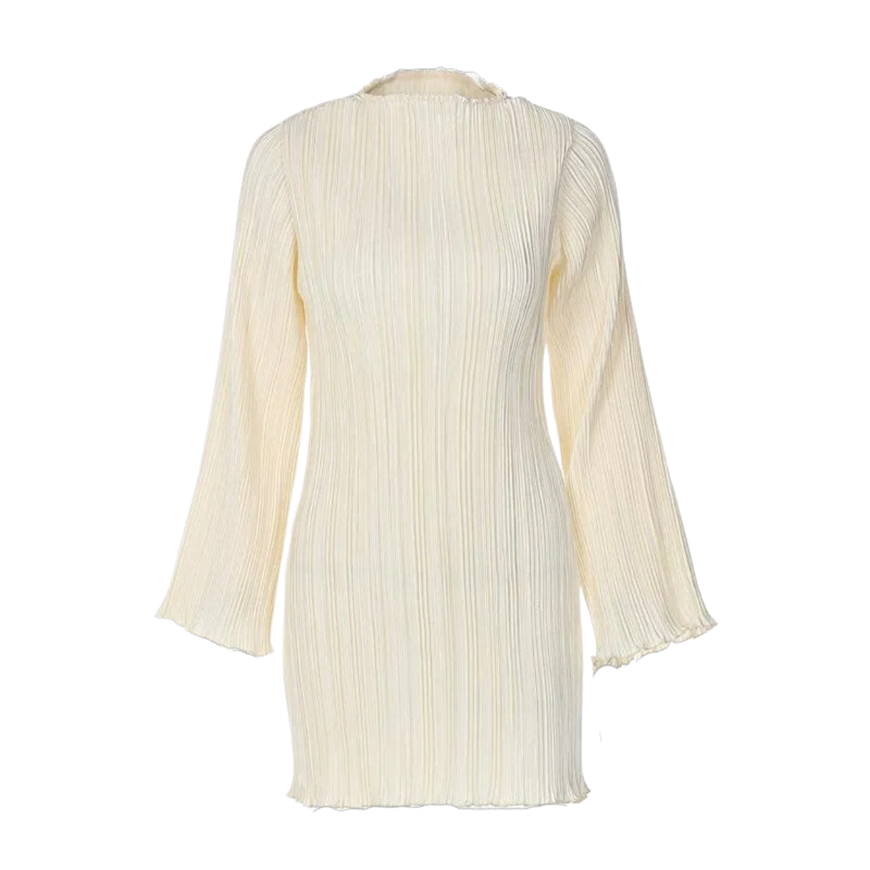 Cream Long Sleeve Pleated Mini Dress