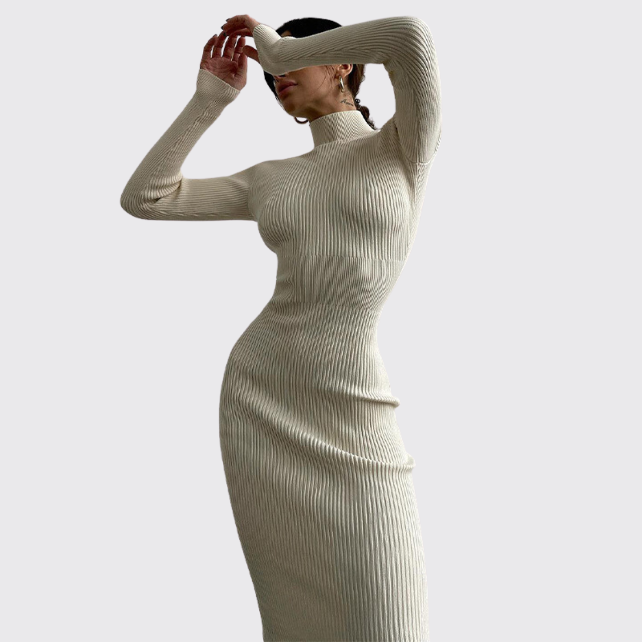 White Midi Knitted Dress With High Collar