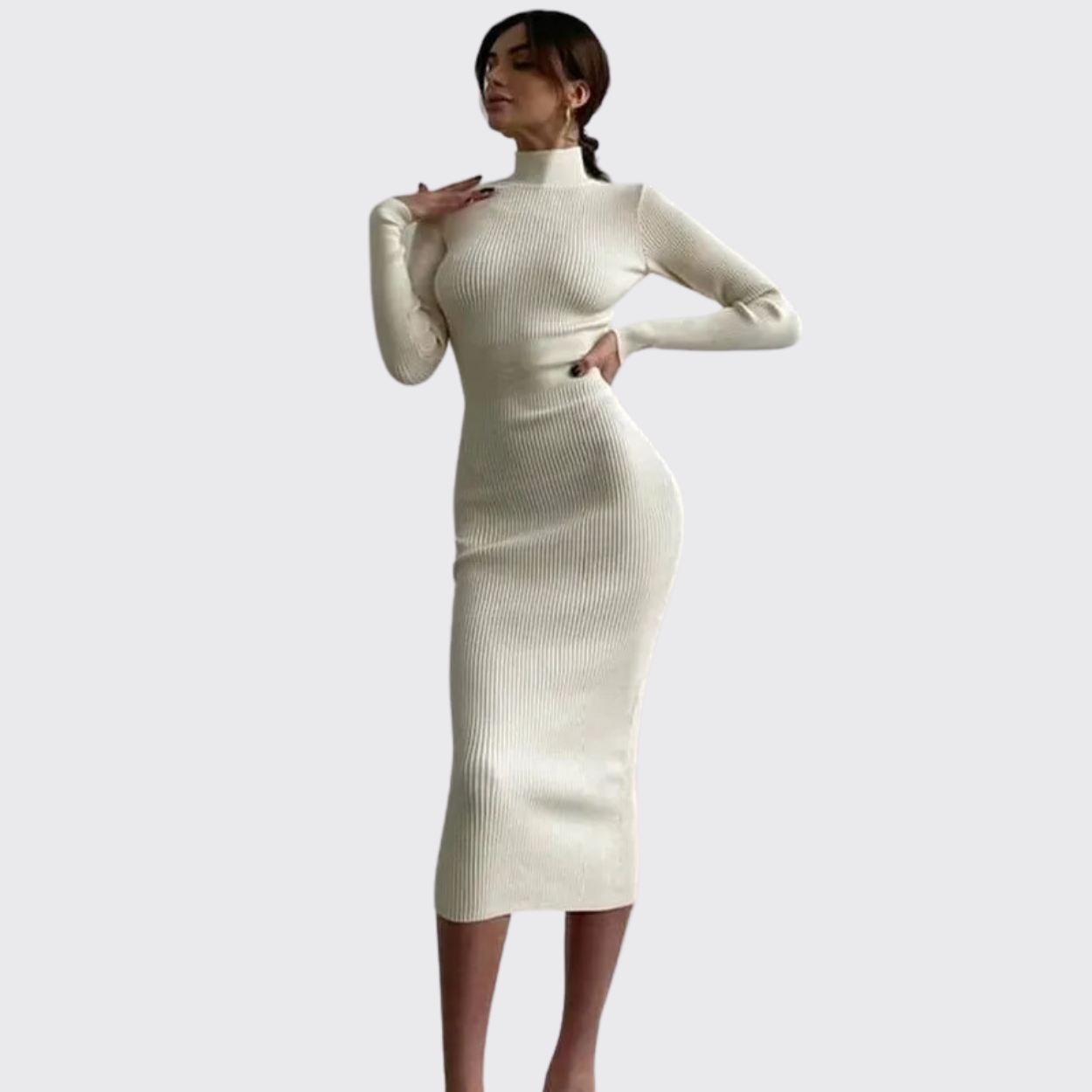 White Midi Knitted Dress With High Collar
