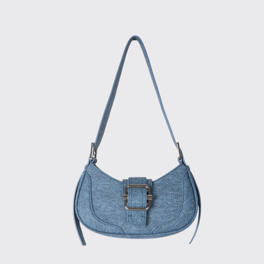 Blue Denim Buckle-Detail Shoulder Bag
