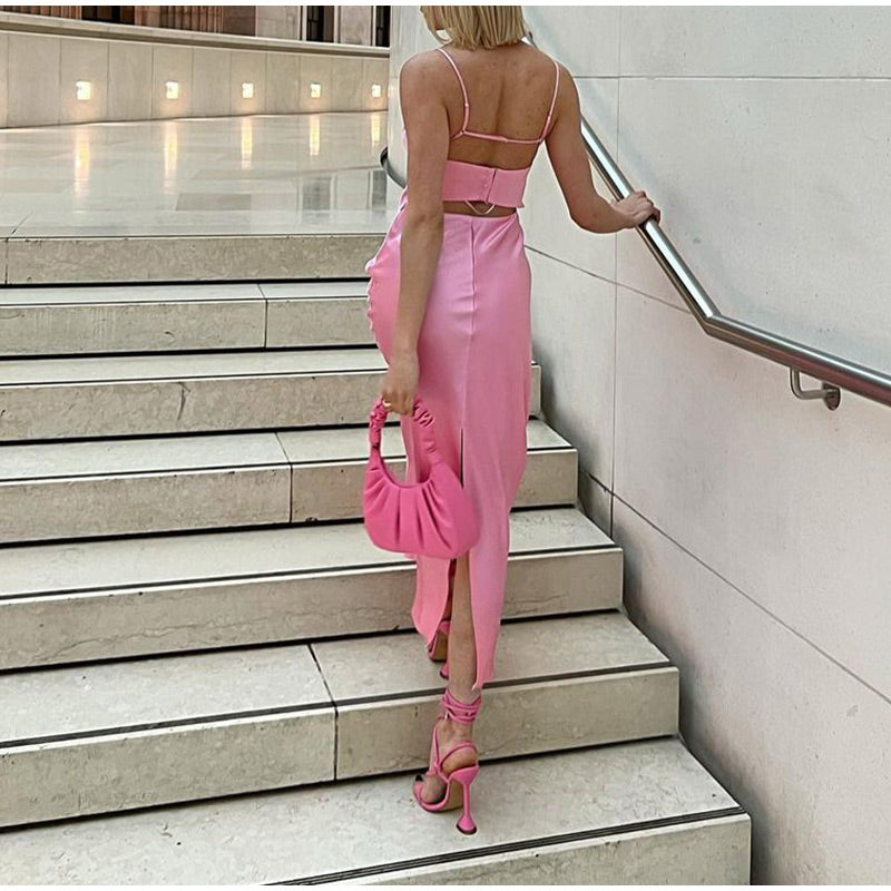 Pink Satin Cut Out Dress