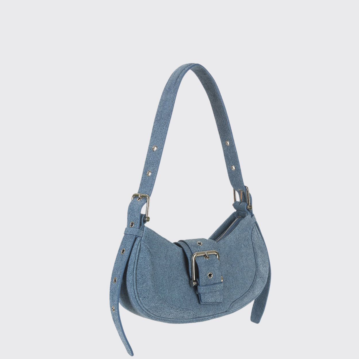 Blue Denim Buckle-Detail Shoulder Bag