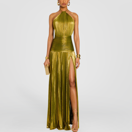 Gold Metallic Pleated Halter Maxi Dress