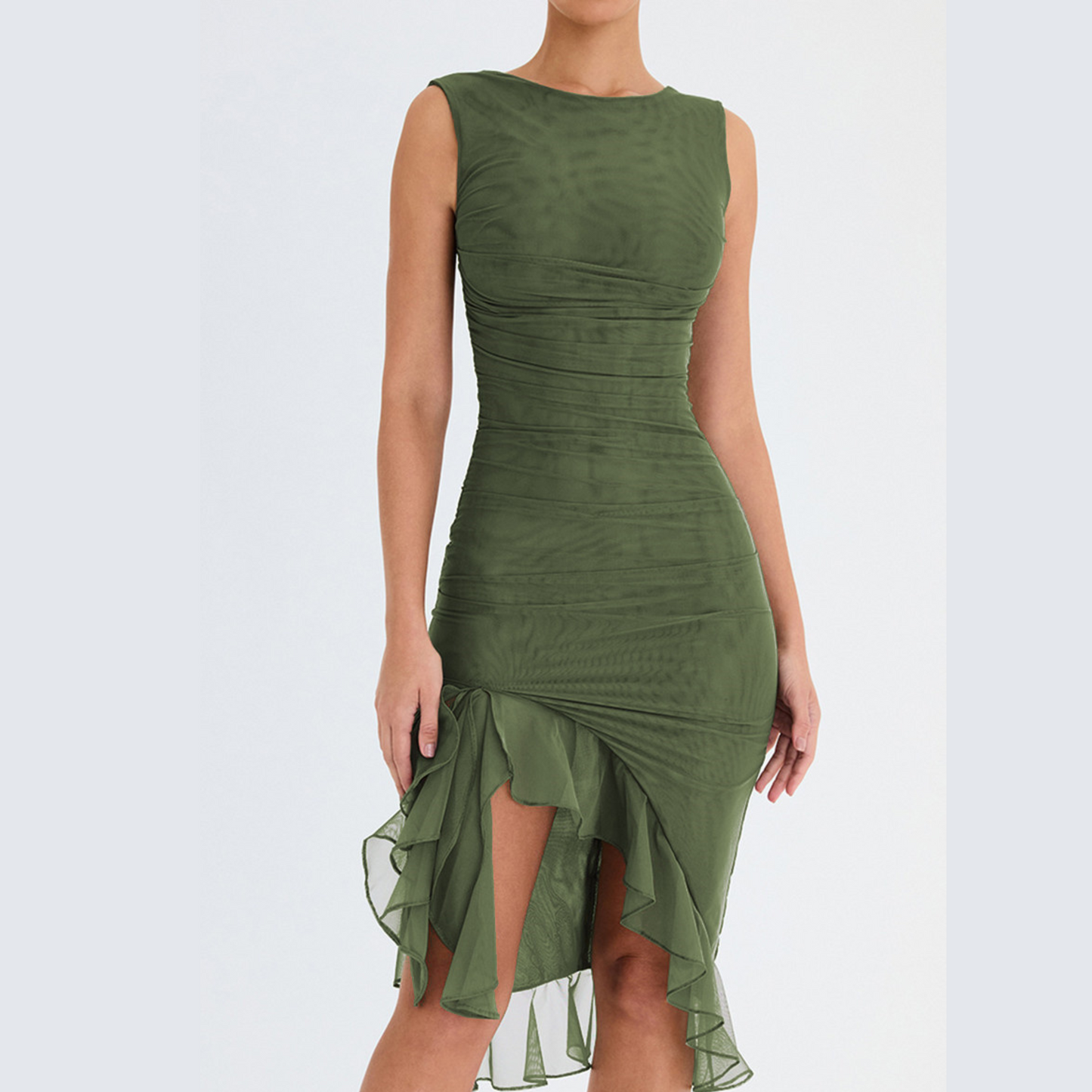 Green Sleeveless Backless Ruffle Midi Dress