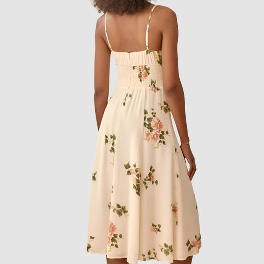 Beige Floral Front Tie Midi Dress