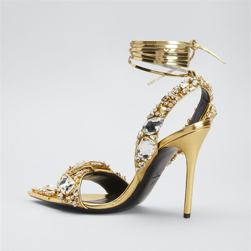 Diamond Tip Gold Crystal Pointy Jewel Sandal With Stones