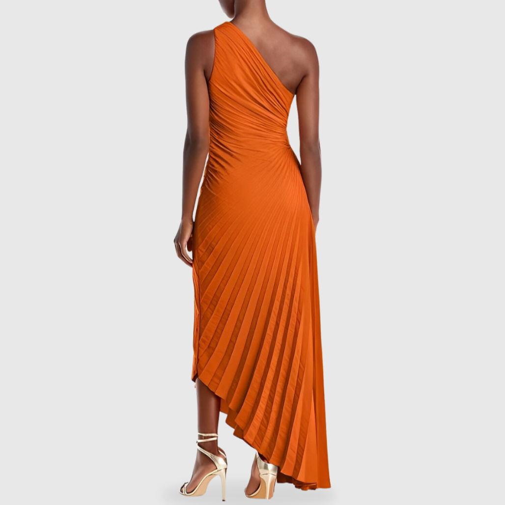 Orange One Shoulder Pleated Dress