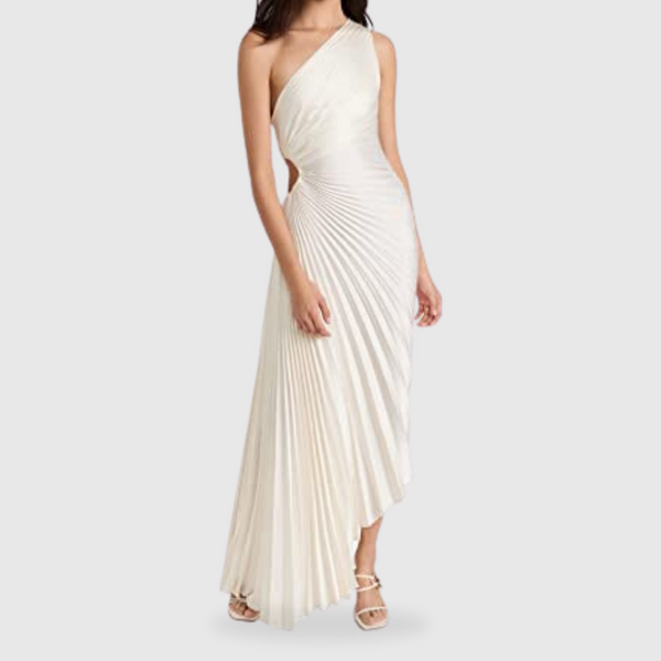 white one shoulder pleated detail midi dress White One Shoulder Pleated Dress – ADONIS BOUTIQUE