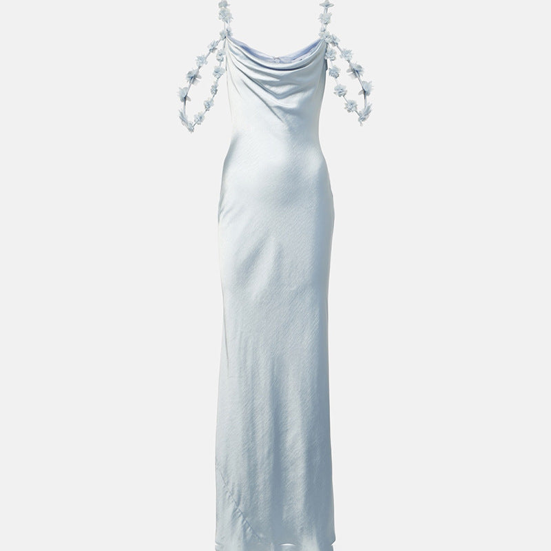 Pale Blue Draped Maxi Dress With Floral Straps