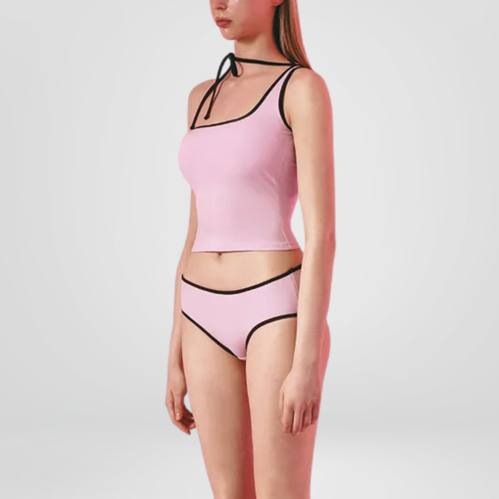 Pink Contrast Trim Asymmetric Tankini Set