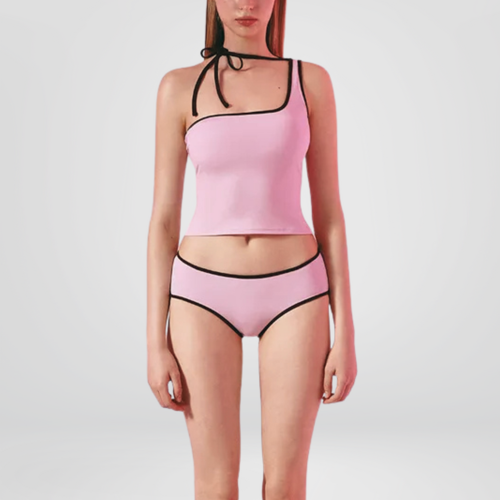 Pink Contrast Trim Asymmetric Tankini Set