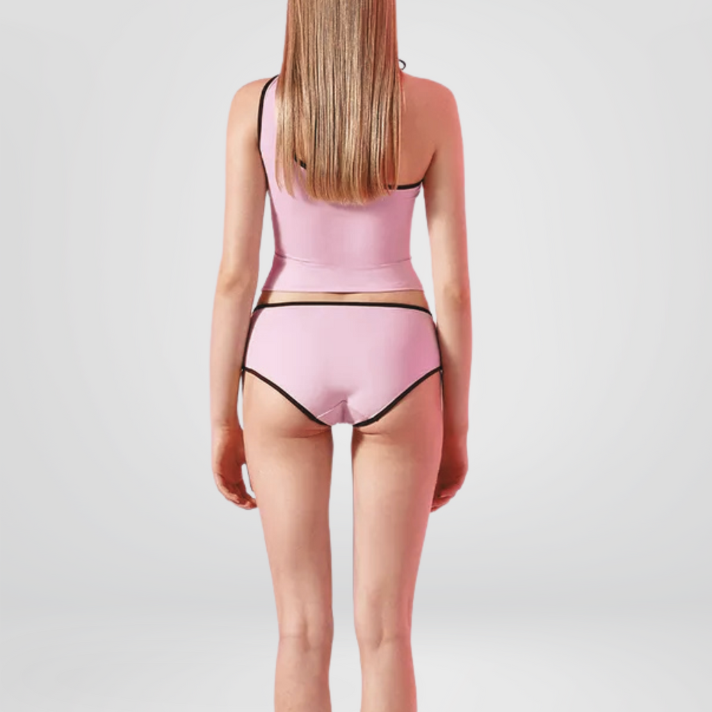 Pink Contrast Trim Asymmetric Tankini Set