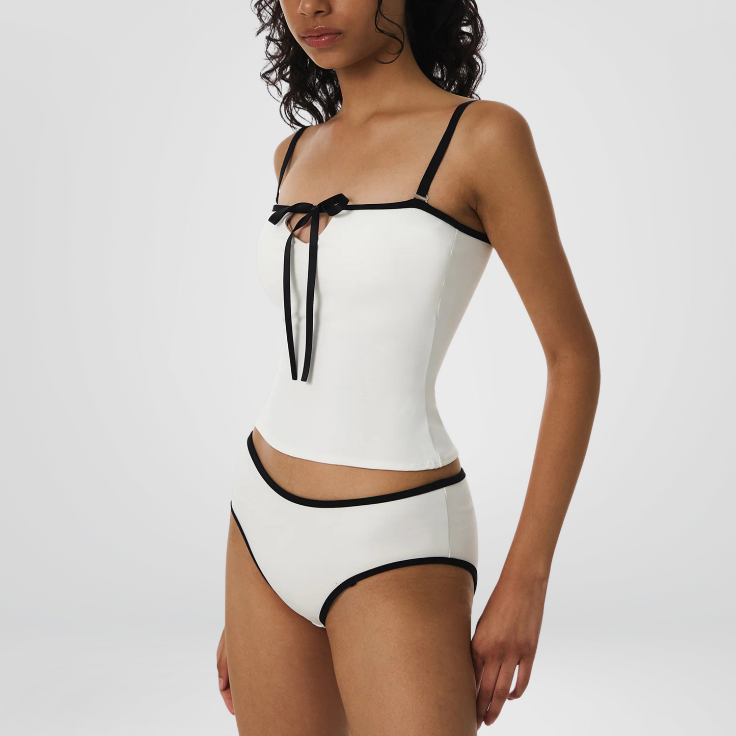White Contrast Bow-Front Tankini Set