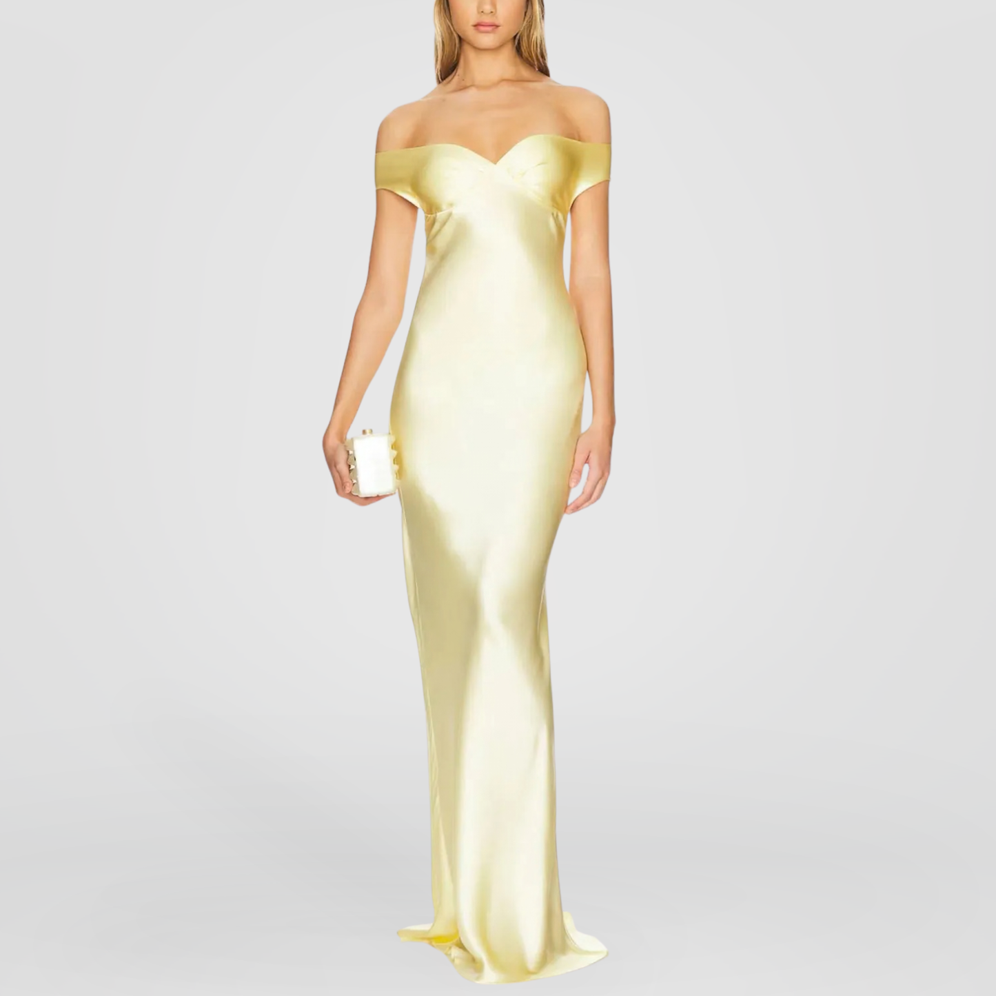 Pastel Yellow Off-Shoulder Satin Maxi Dress