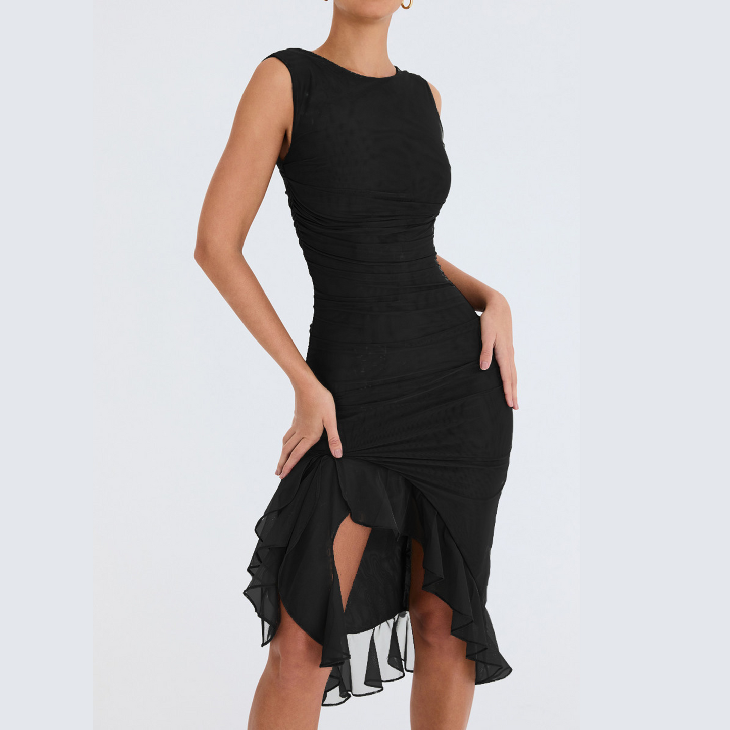 Black Sleeveless Backless Ruffle Midi Dress