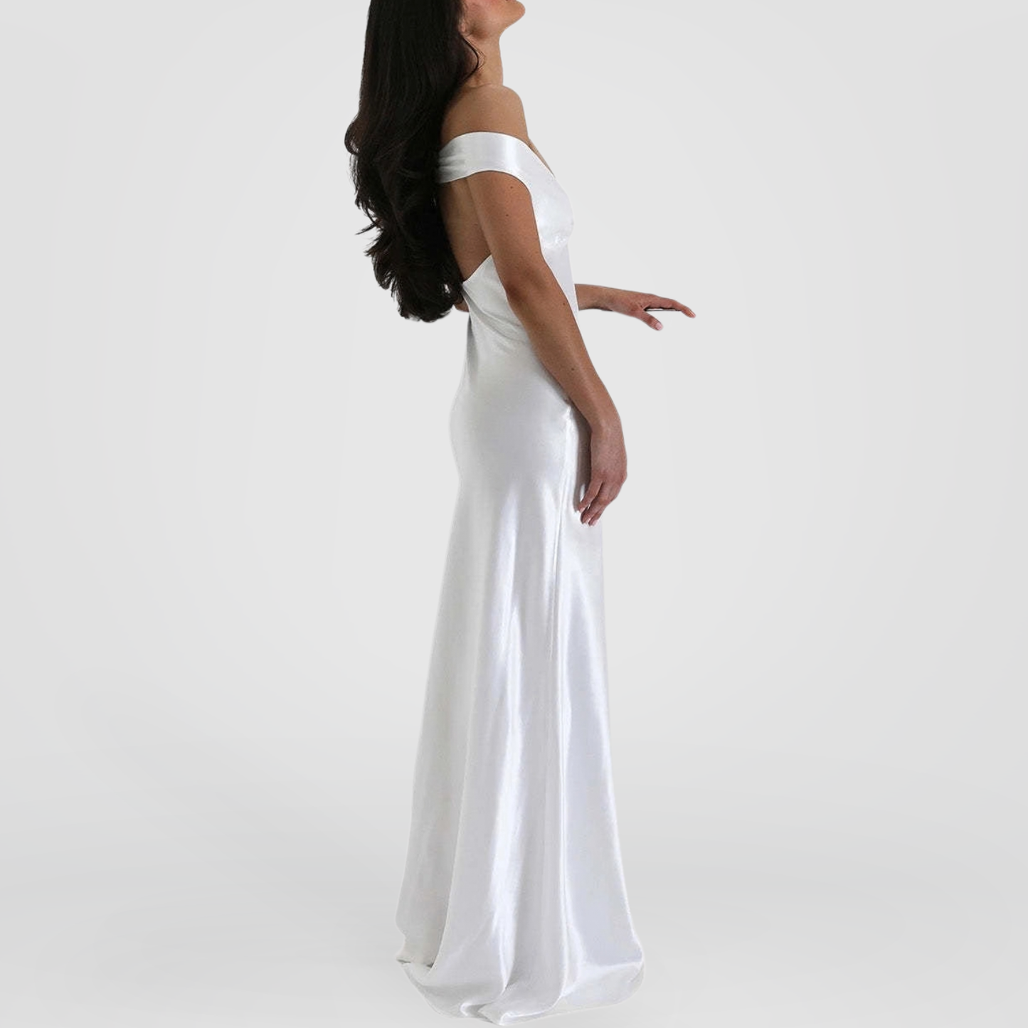 Ivory Off-Shoulder Satin Maxi Dress