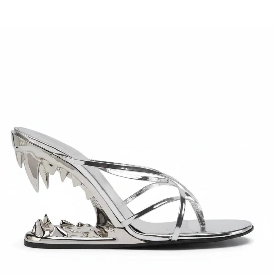 Silver Cross Strap Patent Leather High Heeled Fang Sandals