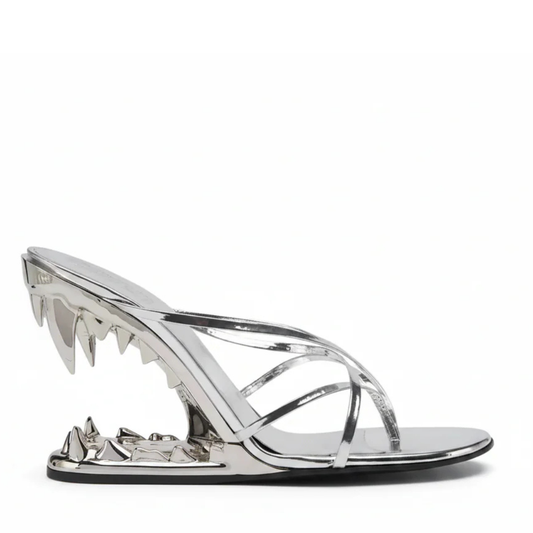 Silver Cross Strap Patent Leather High Heeled Fang Sandals