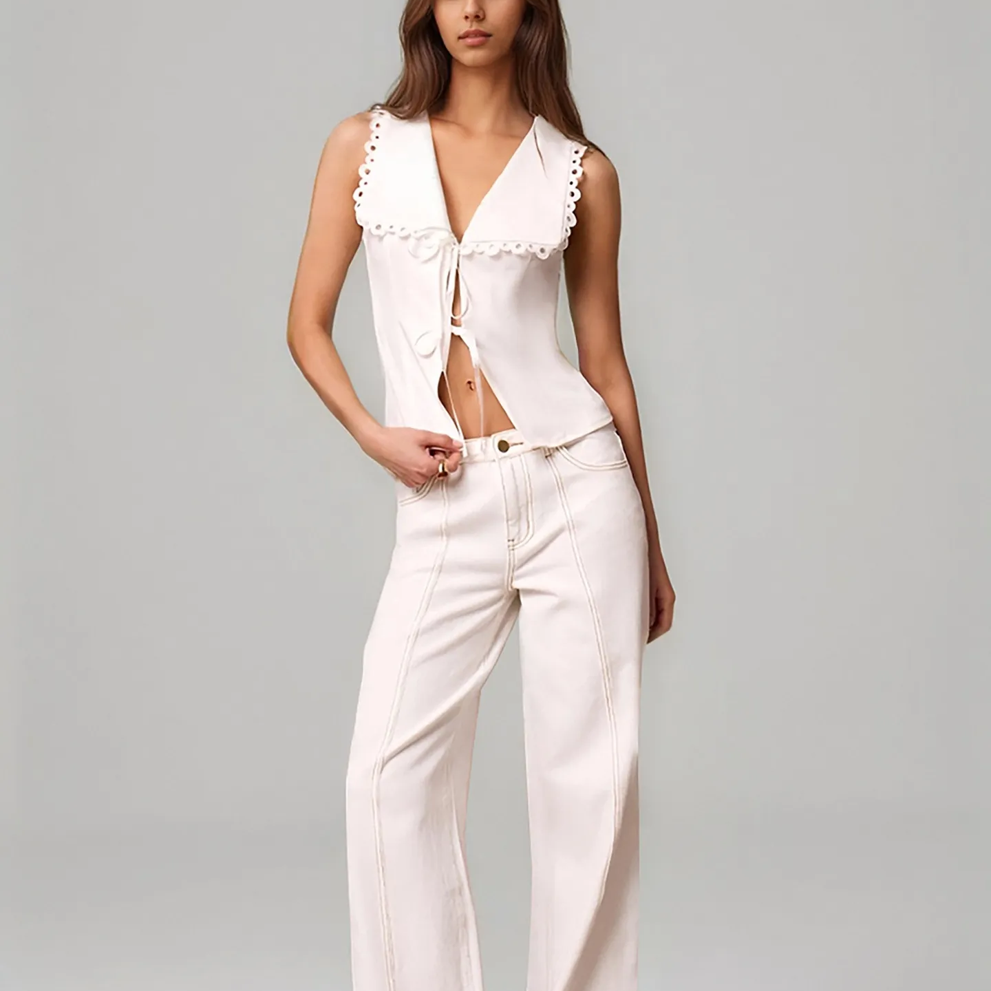 White Lace Trim Front Bow Knot Top