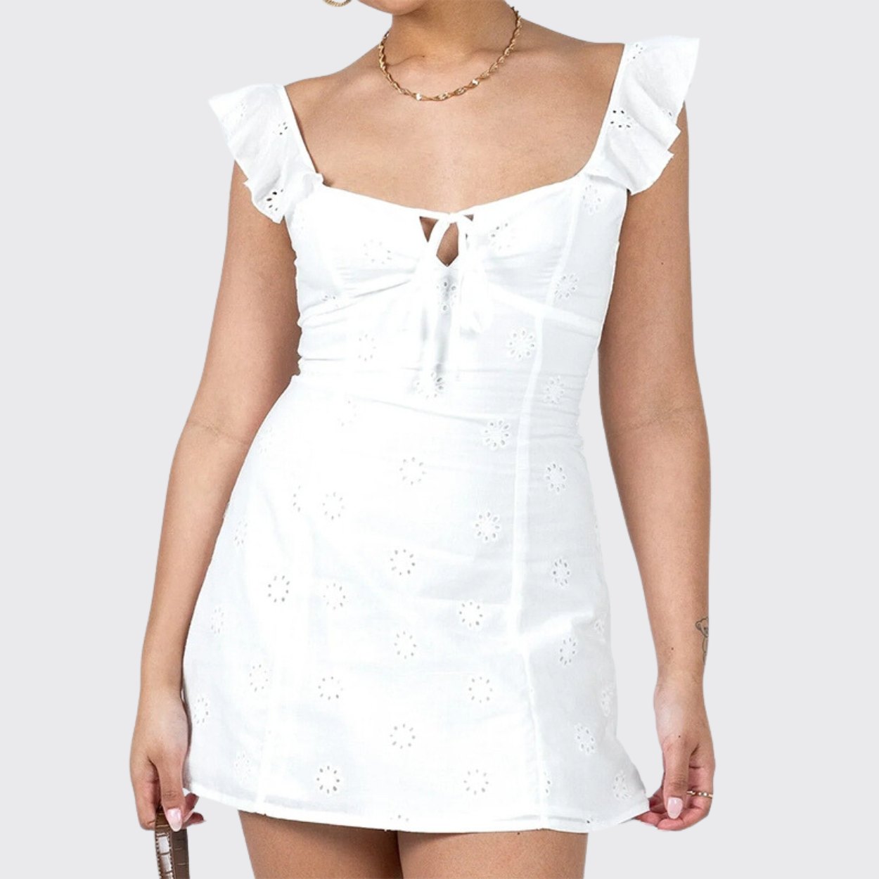 Ivory Front Strap Mini Dress With Lace Detailing