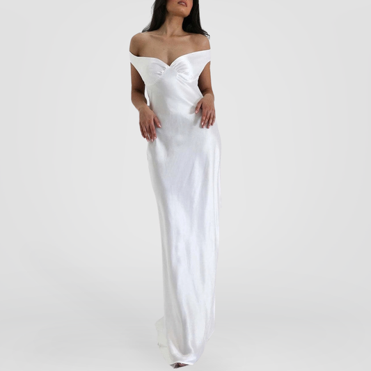 Ivory Off-Shoulder Satin Maxi Dress