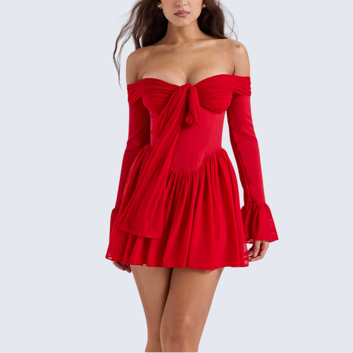 Red Off Shoulder Flare Dress
