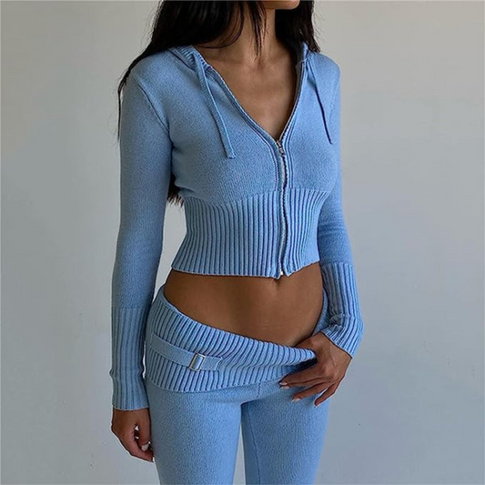 Blue Two-Piece Knit Sweatsuit Set