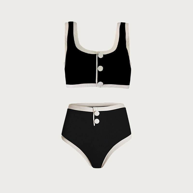 Black Contrast-Trim Buttoned Bikini Set