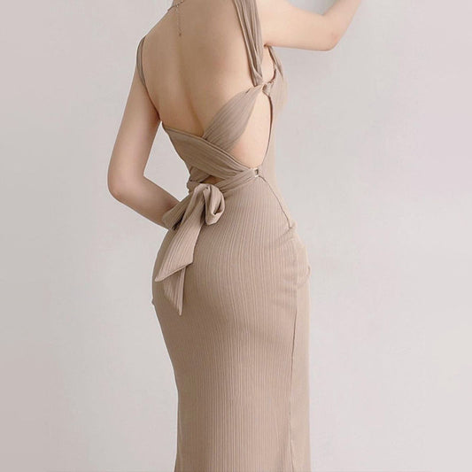 Dark Beige Square Neck Back Strap Midi Dress
