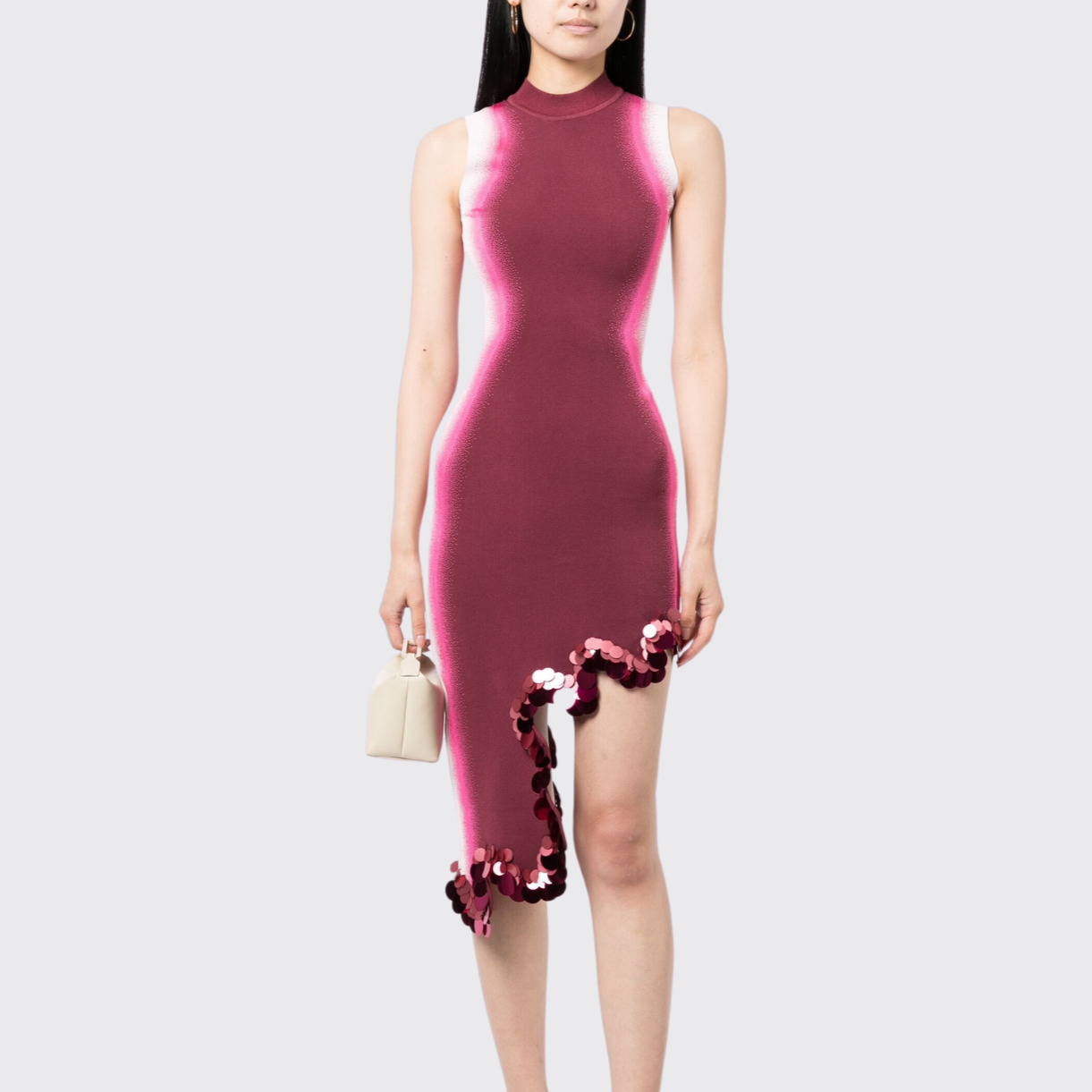 Pink Asymmetric Dress With Wave Detail and Sequin Embellishment