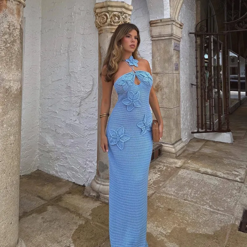 Blue Halter Neck Flower Crochet Dress ADONIS BOUTIQUE Blue Halter Neck Flower Crochet Dress ADONIS BOUTIQUE