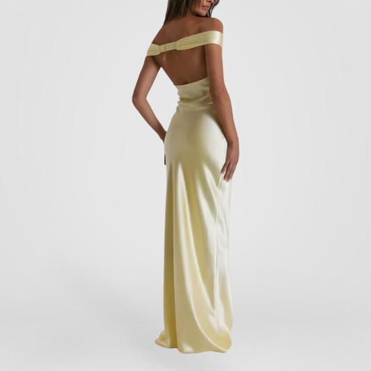 Pastel Yellow Off-Shoulder Satin Maxi Dress
