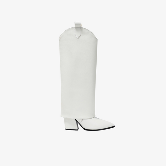 White Western Style Boots With Covered Block Heel