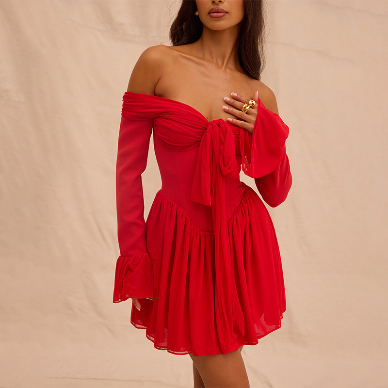 Red Off Shoulder Flare Dress