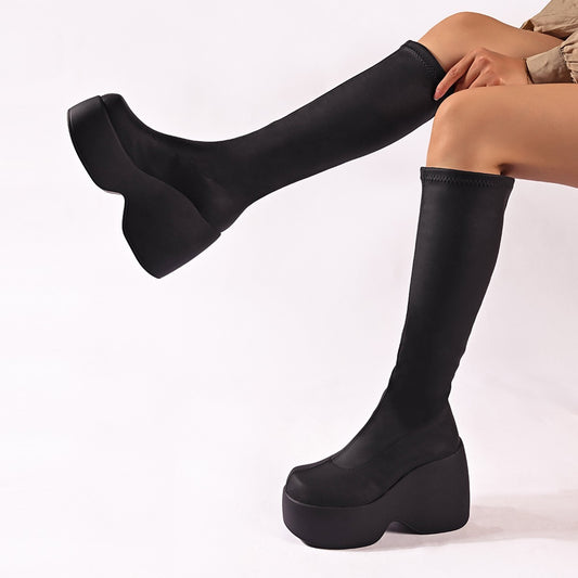 Black Chunky High-heeled Platform Knee Boots