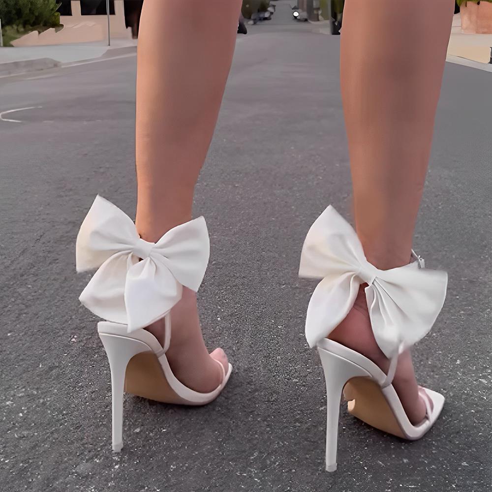 White Ankle Strap Back Bow Heels