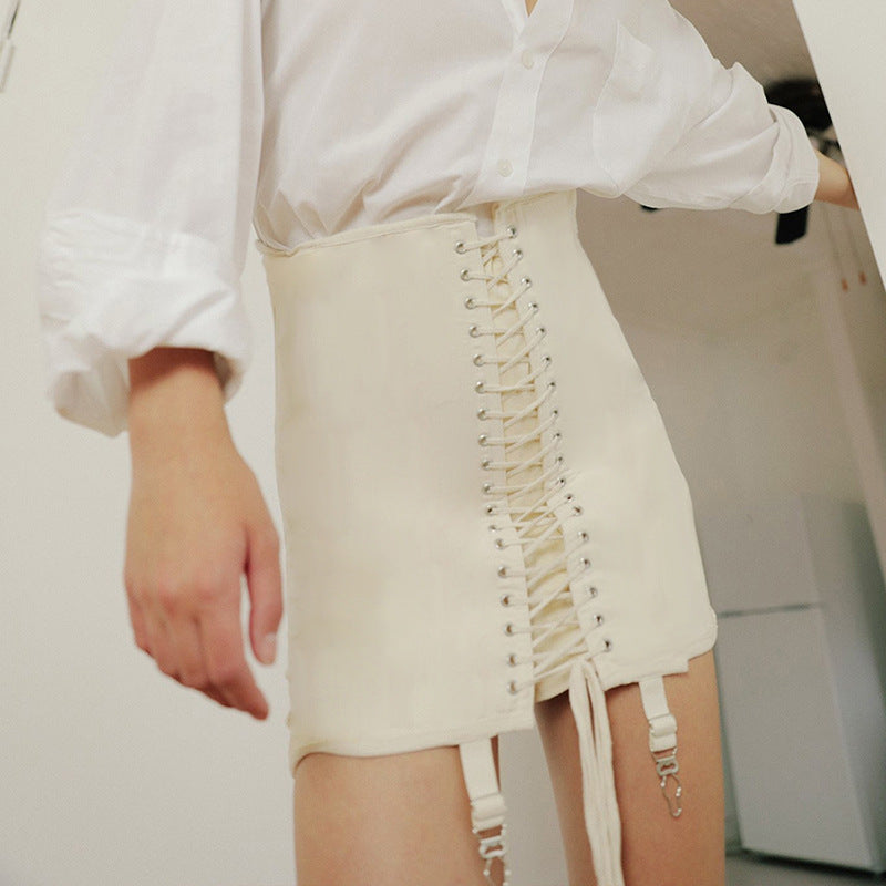 Cream Ripped Lace-up Mini Skirt