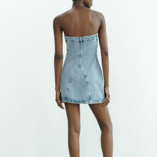 Ice blue Blue Washed jeans Denim Strapless Tube Dress  ADONIS BOUTIQUE