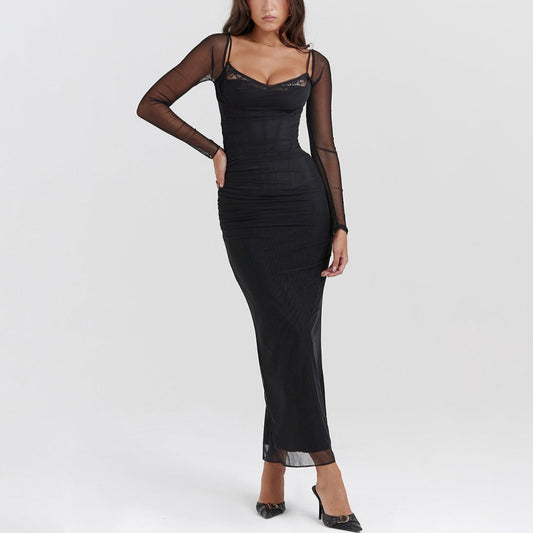 Black Mesh Long Sleeve Corseted Midi Dress