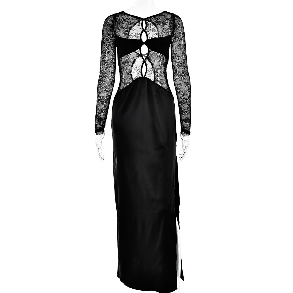 Black Lace Bodice Long Sleeves Dress