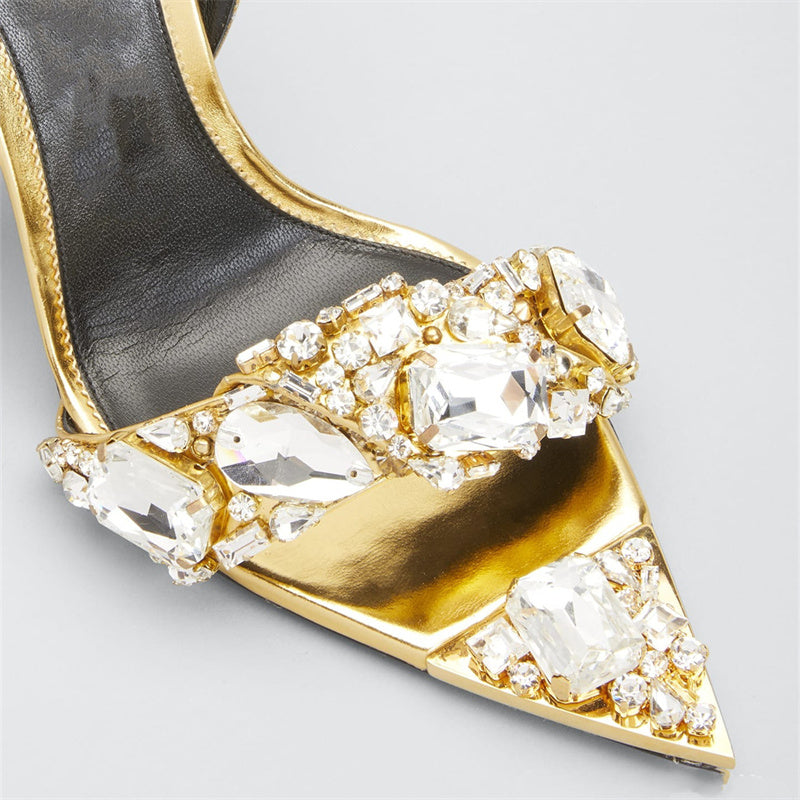 Diamond Tip Gold Crystal Pointy Jewel Sandal With Stones