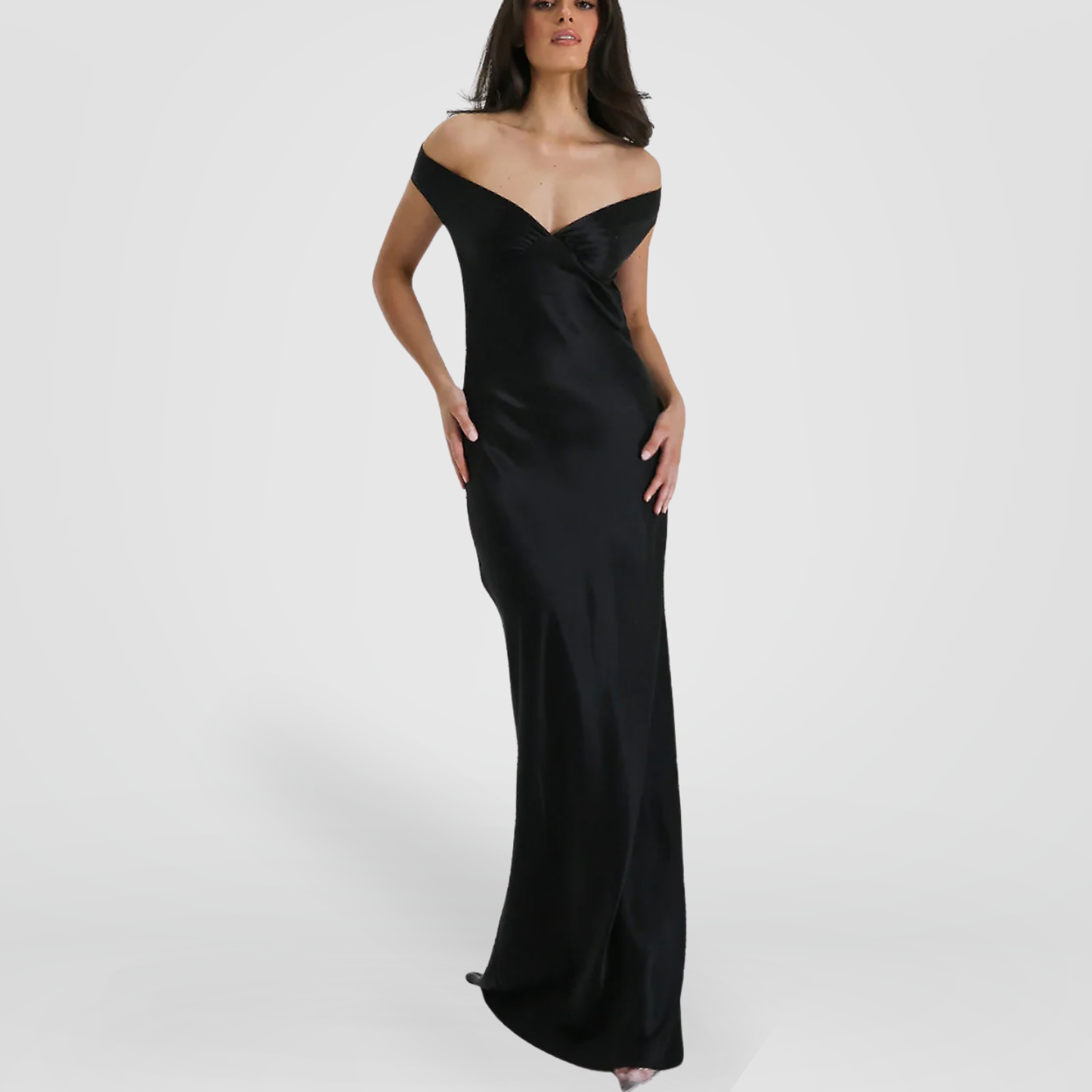 Black Off-Shoulder Satin Maxi Dress