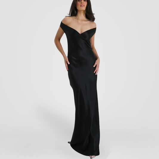 Black Off-Shoulder Satin Maxi Dress