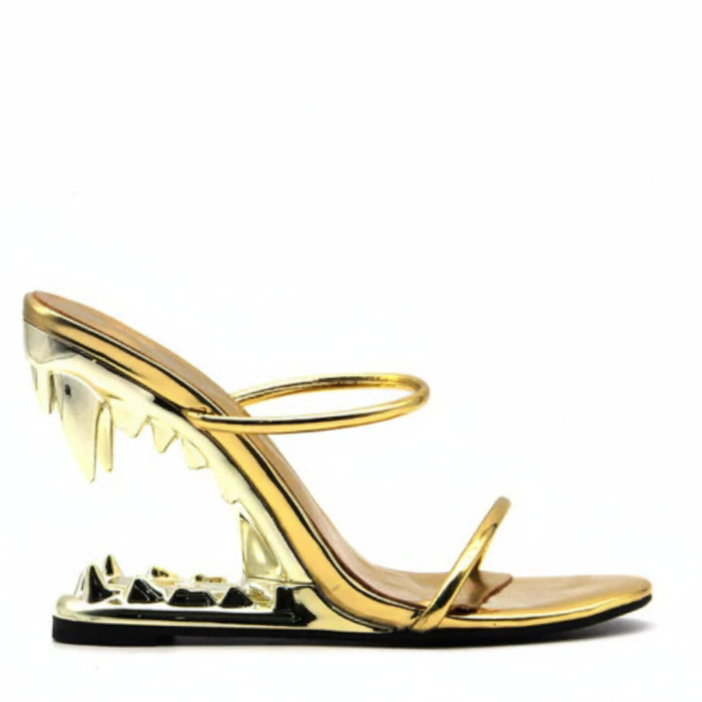 Gold Patent Leather High Heeled Fang Sandals
