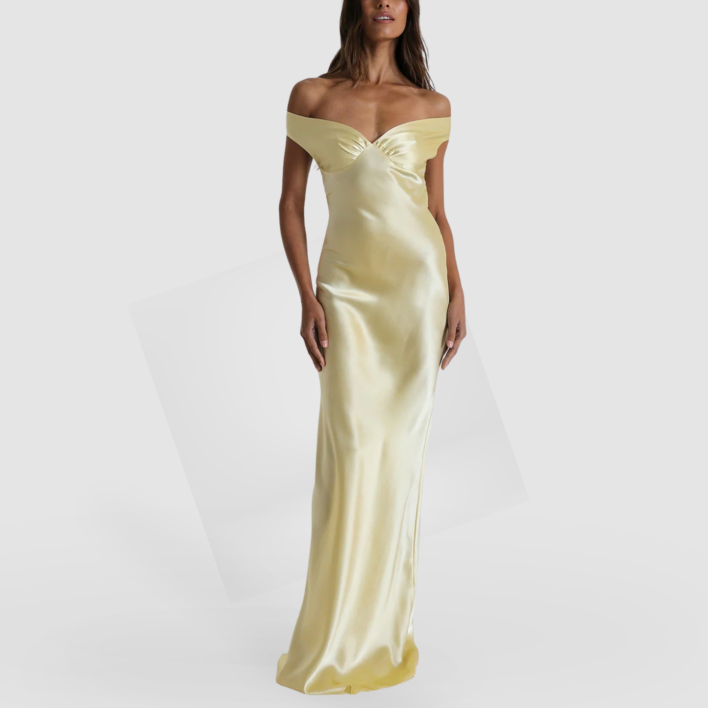 Pastel Yellow Off-Shoulder Satin Maxi Dress