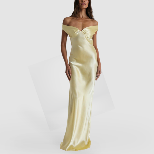 Pastel Yellow Off-Shoulder Satin Maxi Dress