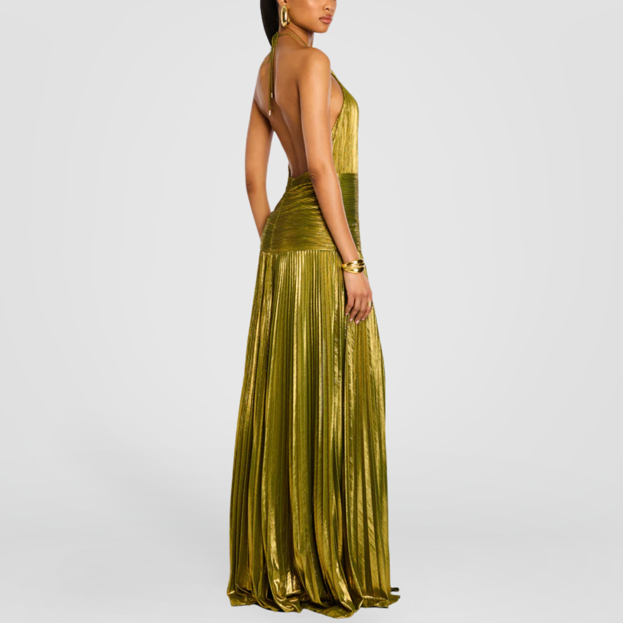 Gold Metallic Pleated Halter Maxi Dress