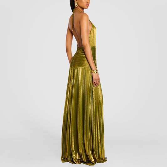 Gold Metallic Pleated Halter Maxi Dress