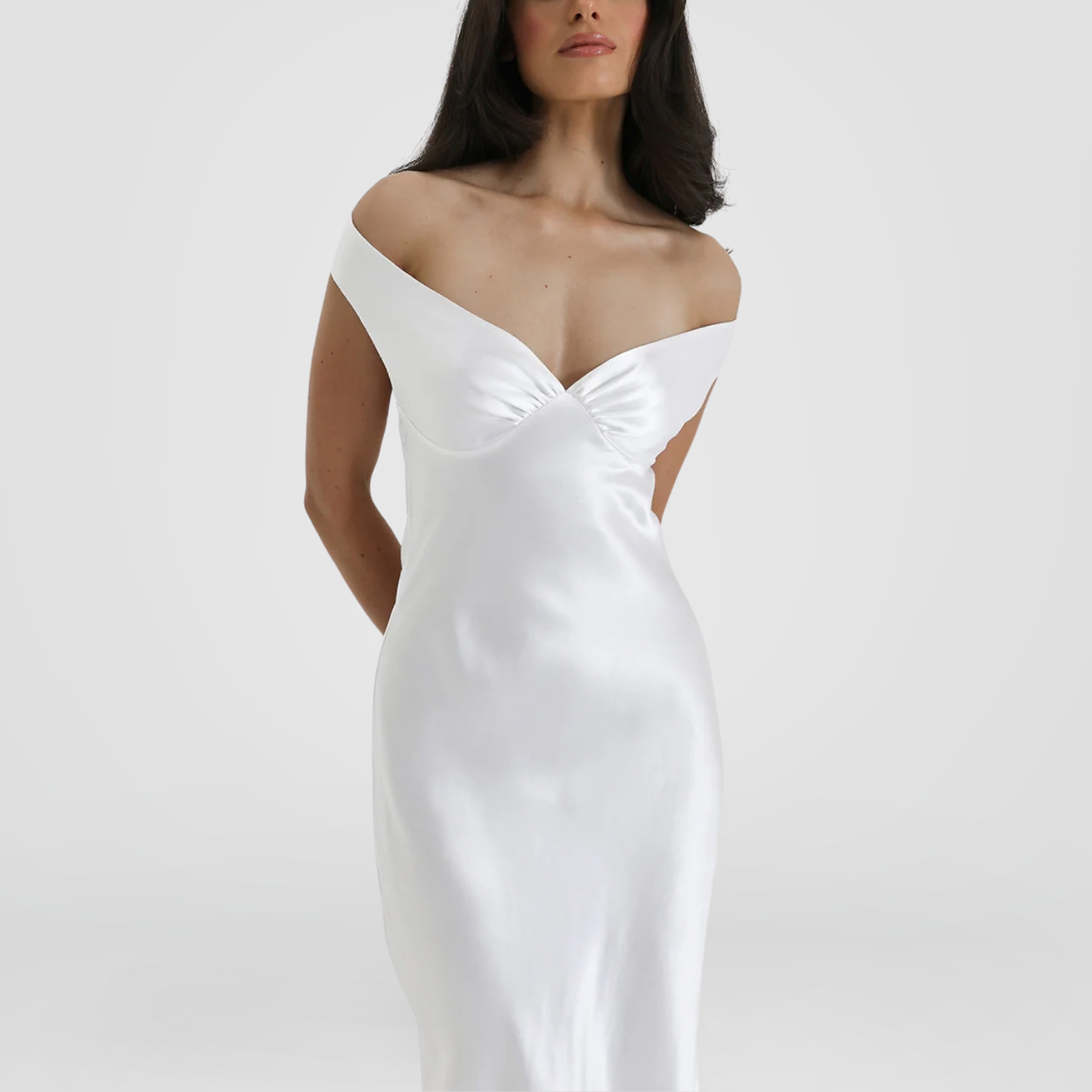 Ivory Off-Shoulder Satin Maxi Dress