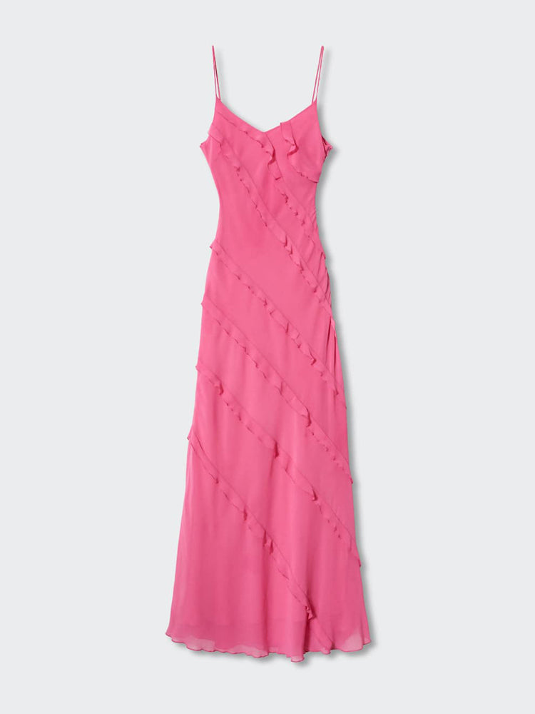 Pink Side Slit Backless Maxi Dress With Ruffle Detail